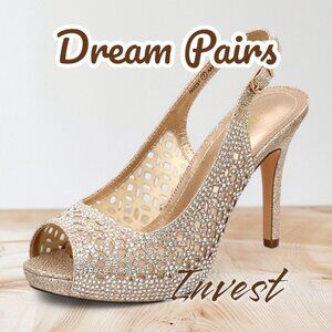 DREAM PAIRS Gold Glitter High Heels Platform Dress Rhinestones Peep Toe Pumps